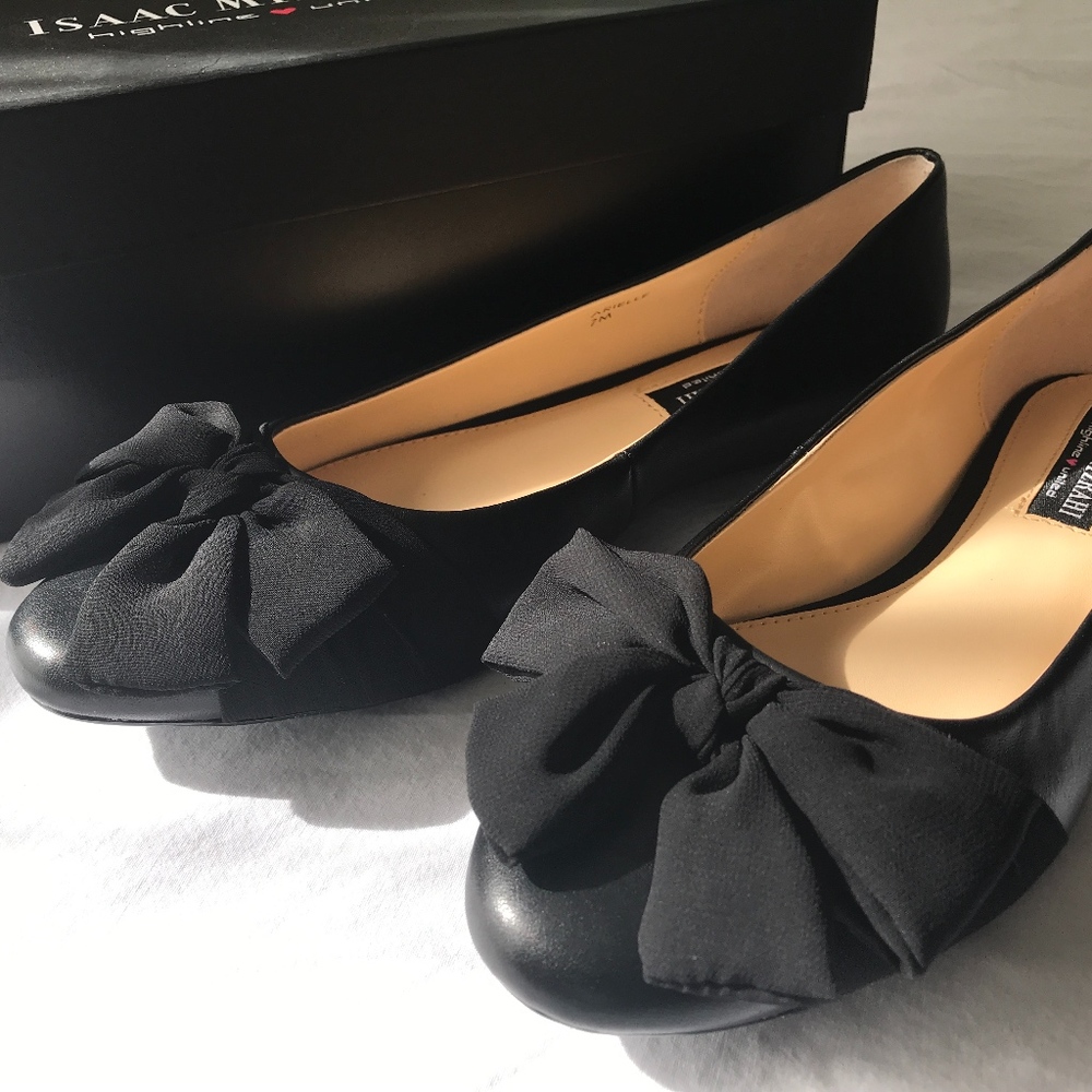 Leather Ballet Chaffon Knotted Bow Black Flats